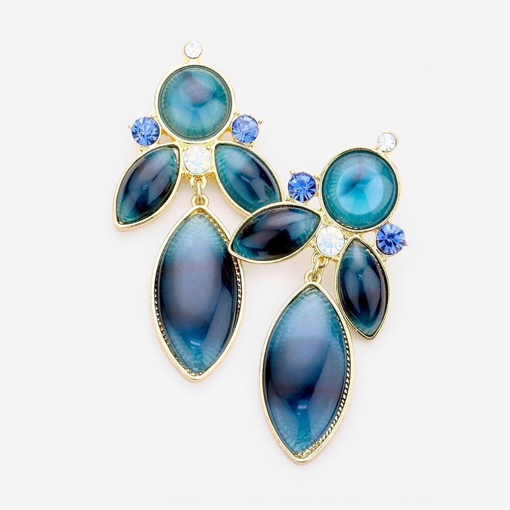 Gold & Blue Oval Resin Rhinestone Statement Earrings